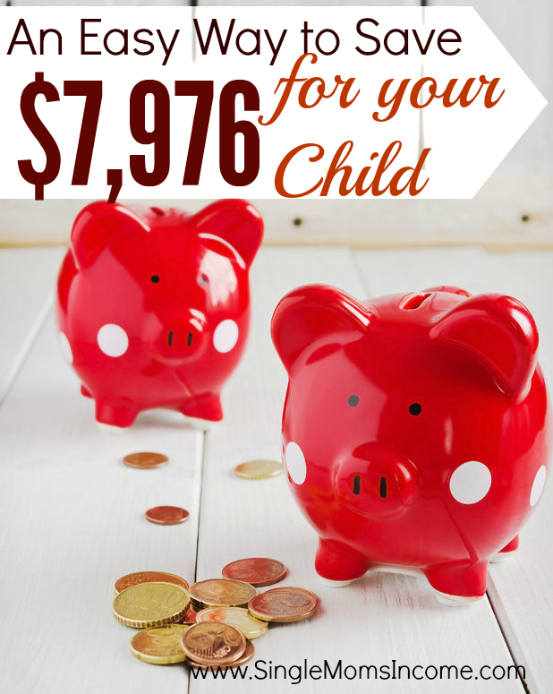 Looking for an easy way to save money for your kids? When my kids were babies I despearately wanted to save money for them but was working with a too-tight budget so I came up with an easy strategy. This strategy will help you painlessly save $7,976 by the time your child turns 18!
