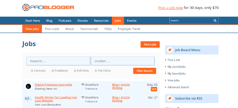 Find freelance writing jobs on the problogger job board.