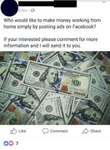 Posting ads on Facebook money making scam.